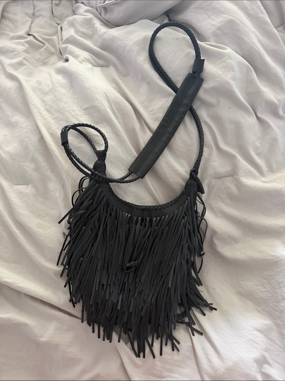 Leather Black Fringe Boho Crossbody Bag - Stylish Women’s Shoulder Bag - Picture 1 of 6